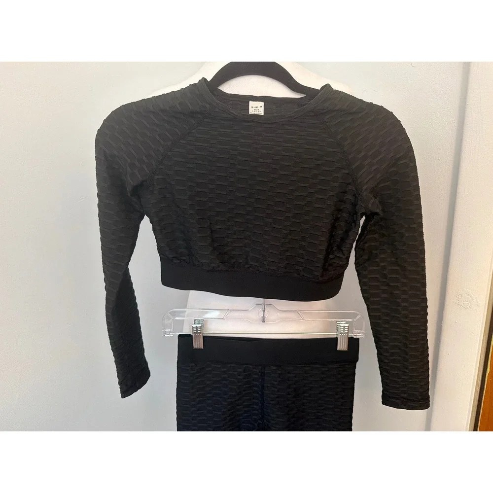 SHEIN‎ Kids Girls Black Honeycomb Textured Activewear Set Crop Top Shorts 11-12Y